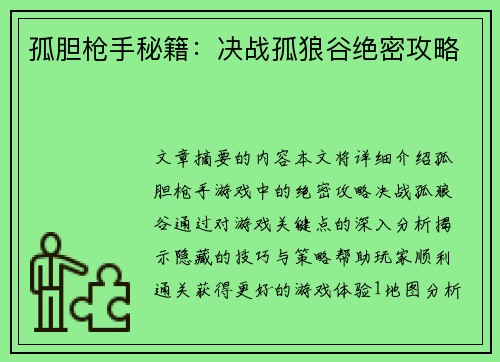 孤胆枪手秘籍：决战孤狼谷绝密攻略