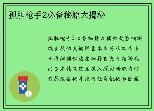 孤胆枪手2必备秘籍大揭秘